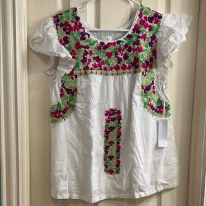 J.Marie Embroidered White Blouse with Pink and Green Floral Design